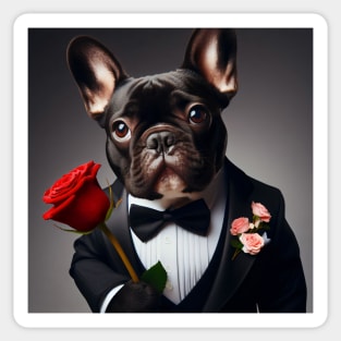 French bulldog in a tuxedo suit and tie with red rose Sticker